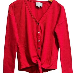 Skies Are Blue Vivid Red Button V-neck Front Tie Top